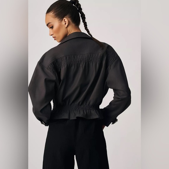 By Anthropologie Cropped Ruched-Sleeve Washed Black Cotton Moto Jacket EUC Sz XL - Picture 2 of 12